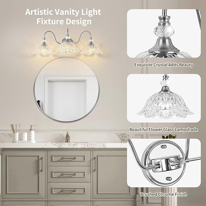 Brushed Chrome 3-Light Bathroom Vanity Light with Floral Clear Glass Shades, Modern Wall Mount Lighting for Bathroom, Dressing Table