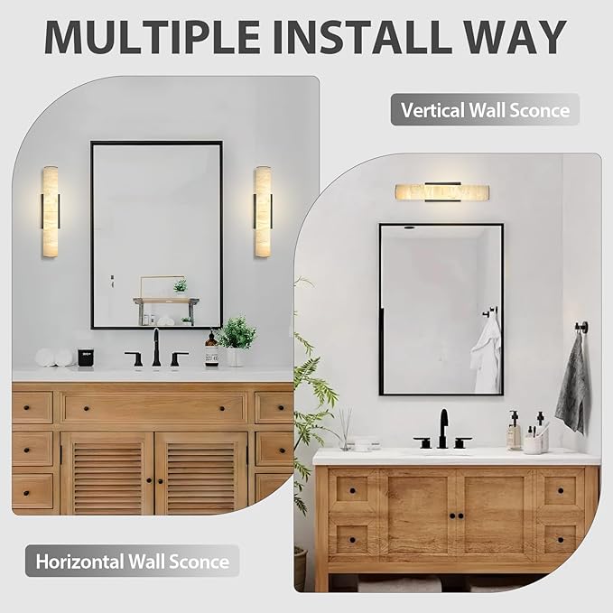 Alabaster Wall Sconces, Spanish Natural Marble Wall Sconce, 20" Bronze Wall Sconce for Bathroom, Modern Alabaster Sconces Wall Lighting Dimmable, Marble Wall Lamp for Living Room, Bedroom, Hallway