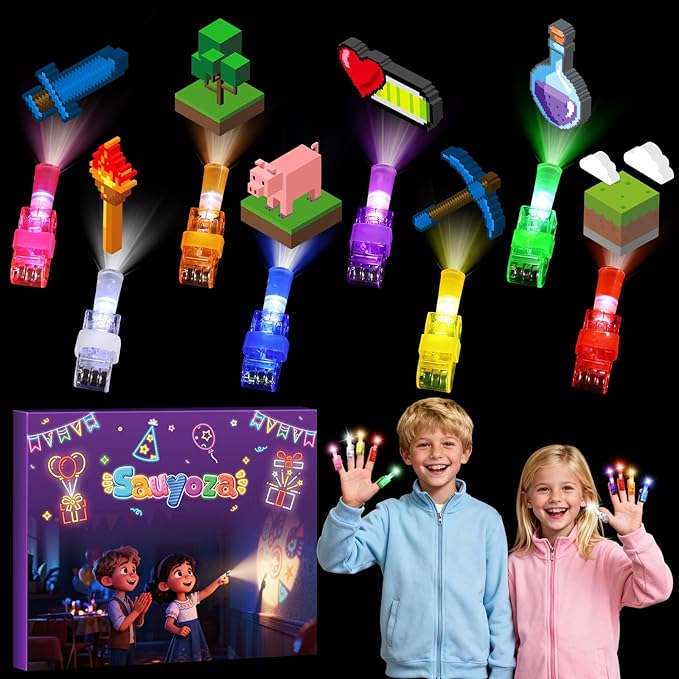 36 Pack Pixel Party Favors LED Finger Lights for Kids, Glow in the Dark Building Game Goodie Bag Stuffers, Pixel World Birthday Party Gifts for Classroom Rewards