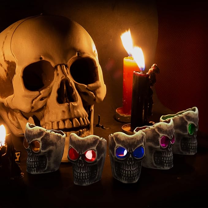 Halloween Decorations - Flameless Skull Candles Light - 6Pack Color-Changing Dripless Realistic Flickering Flame LED Candle Decor for Votive, Halloween Decor, Pumkin, Party, Indoor Outdoor