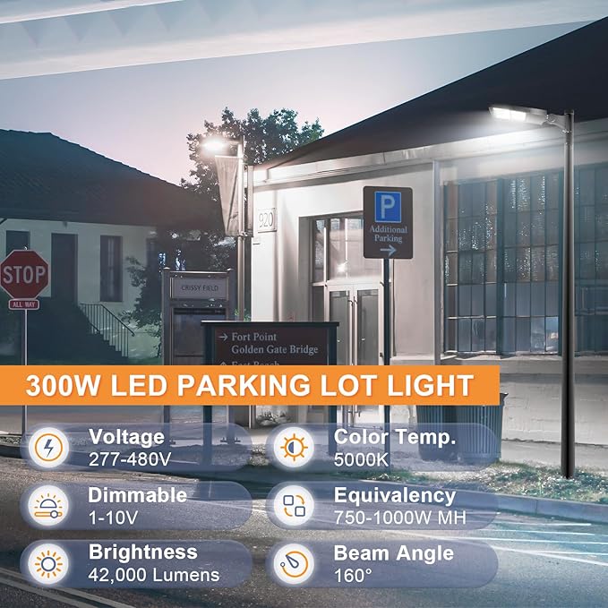 480V 300W LED Parking Lot Light, 42000LM LED Shoebox Street Flood Light (1000W MH/HPS Equiv.), 5000K Dimmable Commercial Area Lighting with 20KV Surge Protection, IP65 277-480V UL&DLC Listed