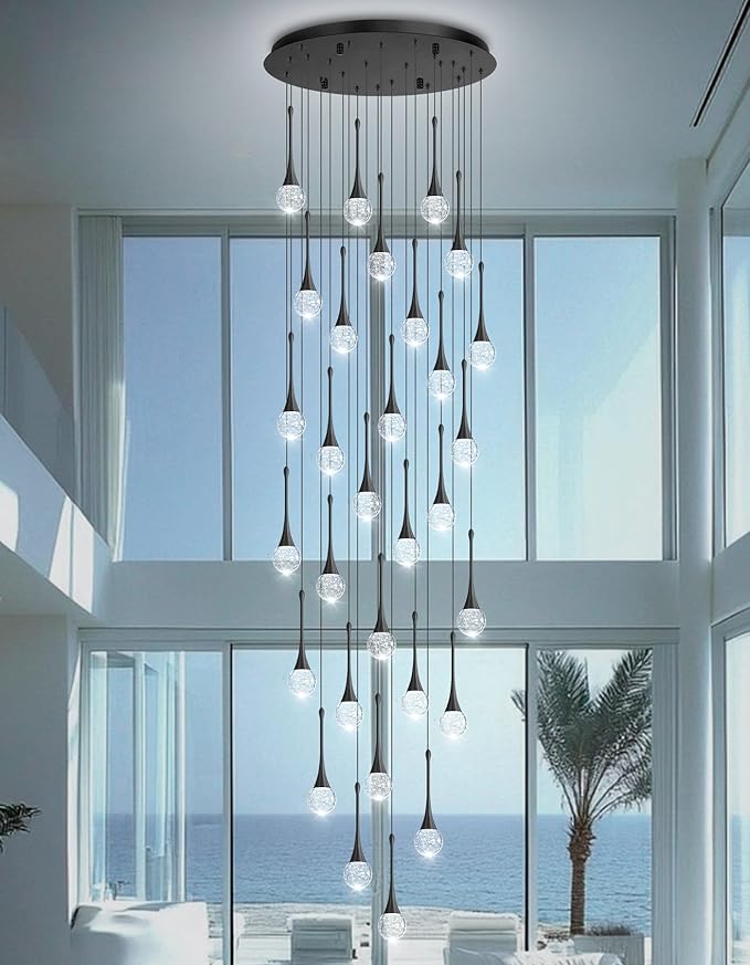 30 Light Modern Glam Crystal Chandelier for High Ceiling LED Dimmable Ceiling Pendant Light Staircase Foyer Enterway Living Room Chandelier Lighting Antique Black
