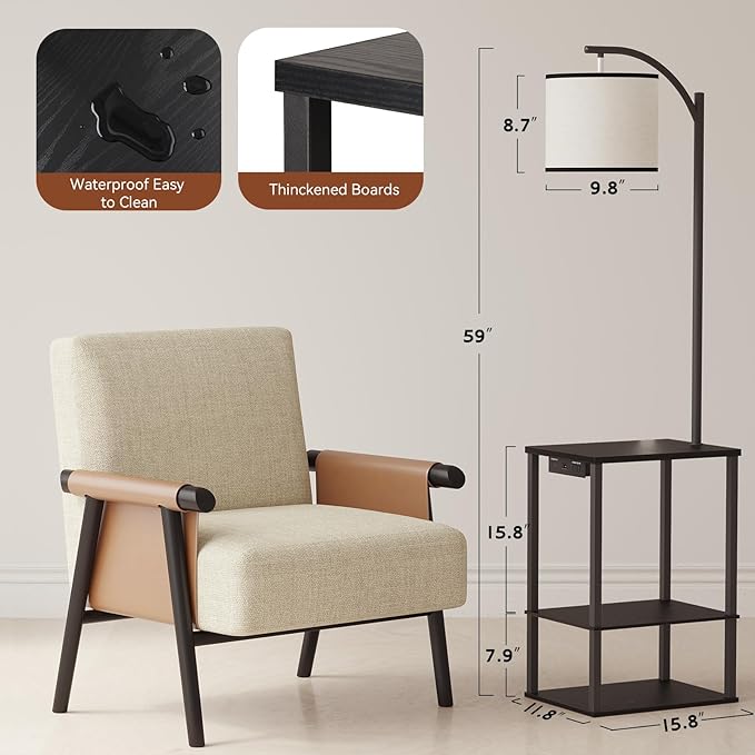 SUNMORY Floor Lamp with Table, End Table for Living Room with Lamp, Shelves Side Table with Charging Station(USB & AC Port), 3 Color Temperature LED Bulb, Modern Nightstand Lamp for Bedroom, Office
