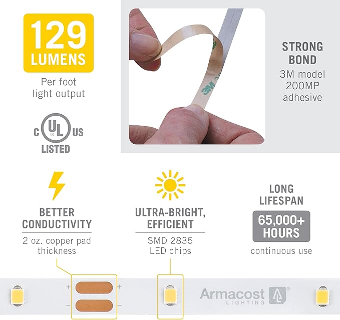 Armacost Lighting RibbonFlex Pro 12V White LED Strip Lights 30 LED/m, 4000K, 8.2 ft 151210
