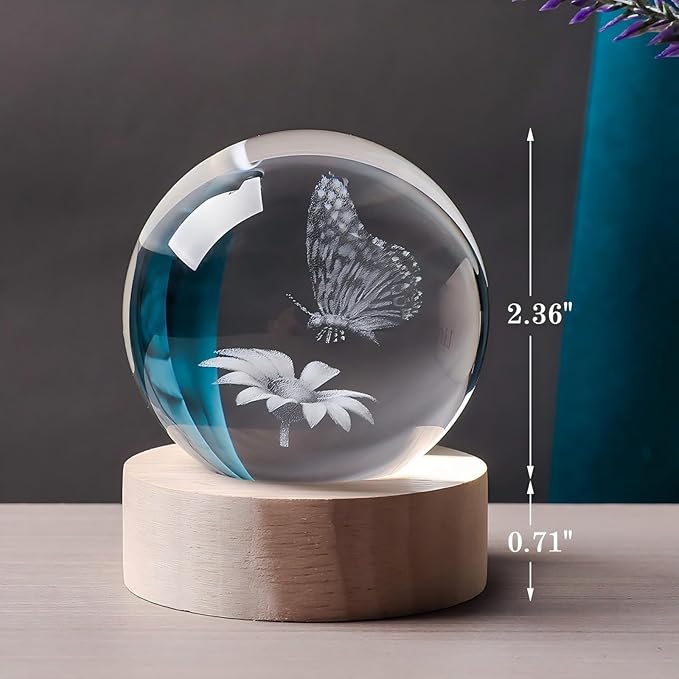 3D Butterfly 60mm Crystal Ball Butterfly Figurine Night Light Lamp Gifts for Women Wife Girlfriend Couple Her