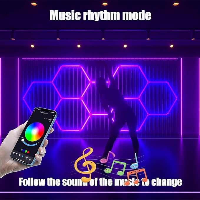 25Pack RGB Hexagon led Garage Lights,5 Hexagon Light with Multi Color,Dimmable&Speed Adjustable RGB Hex Wall Lights,DIY Design for Remote Control & Smart App Control Music Modes