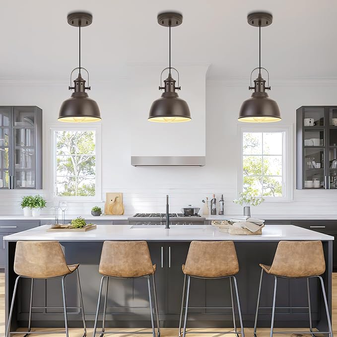 Farmhouse Small Pendant Lights, Oil Rubbed Bronze Pendant Lighting for Kitchen Island, lndustrial Adjustable Height Hanging Light for Barn, Dining Room, 3 Pack