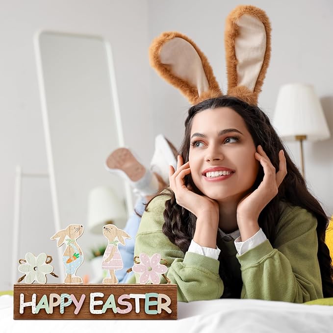 Yousoontic Light up Happy Easter Sign Wooden Easter Bunny Decoration for Home Neutral Bunny Block Rustic Farmhouse Holiday Decorations for Home Dining Room Kitchen Spring Decor
