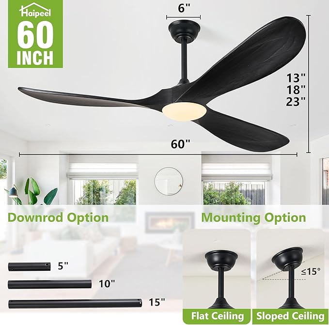 Haipeel Ceiling Fans with Lights, 60 Inch Solid Wood Black Ceiling Fans with Lights and Remote Control for Outdoor Ceiling Fan with Light Propeller for Porch Farmhouse, DC ETL Listed, Matte Black