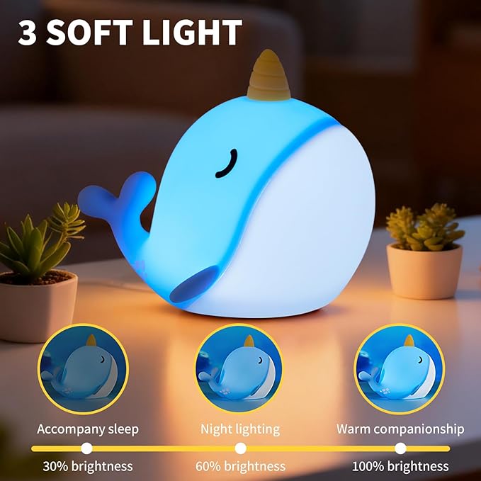 Narwhal Night Light, USB-C Rechargeable Tap Control Lamp with 3-Level Dimming & 30-Min Auto Timer, 7-Color Changing Squishy Silicone Nursery Light, Birthday Gift for Kids