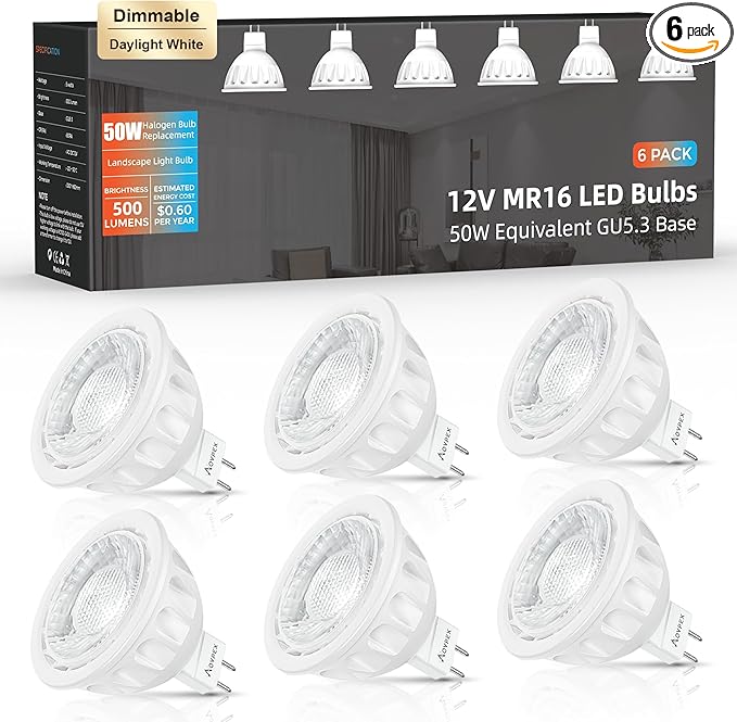 Dimmable MR16 LED Bulbs 50W Halogen Equivalent Landscape Light Bulbs, 5000K Daylight White 5W GU5.3 MR16 12V Spotlight Bulb, 40° Beam Angle for Landscape, Recessed, Track Lighting 6 Pack