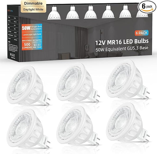 Dimmable MR16 LED Bulbs 50W Halogen Equivalent Landscape Light Bulbs, 5000K Daylight White 5W GU5.3 MR16 12V Spotlight Bulb, 40° Beam Angle for Landscape, Recessed, Track Lighting 6 Pack