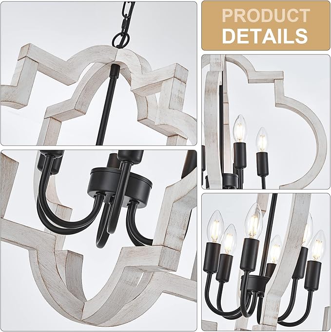 6-Light 21" Farmhouse Orb Chandelier Rustic Handmade Distressed White Wood Hanging Ceiling Pendant Light Fixture Wood Lantern Chandeliers for Dining Room Kitchen Bedroom Foyer Hallway