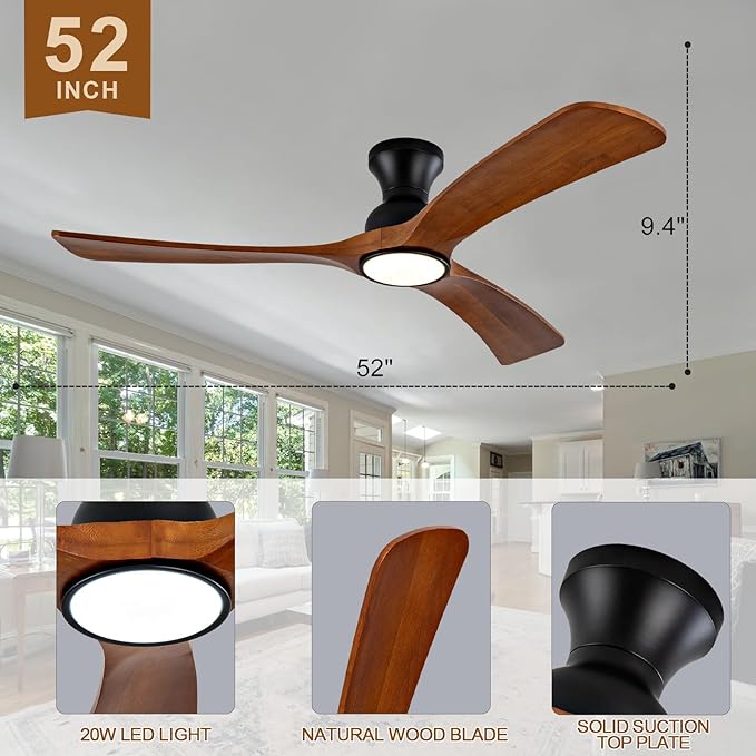 52 inch Flush Mount Ceiling Fans with Lights,Remote Control,Wall Switch,Solid Wood Blades,Dimmable,Reversible,Noiseless,Power Off Memory Low Profile Ceiling Fan for Bedroom Patio Indoor/Outdoor