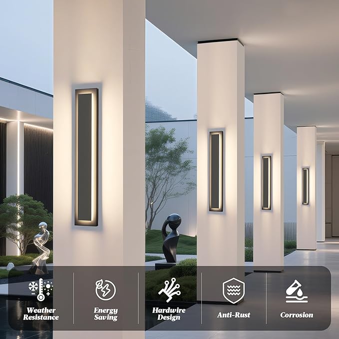 24 in Long Black Outdoor Wall Lights Exterior Lights for House, 4 Pack Front Porch Light Fixture, 24W Modern LED Outdoor Wall Sconce, Waterproof Outside Garage Light, 3000K Warm White