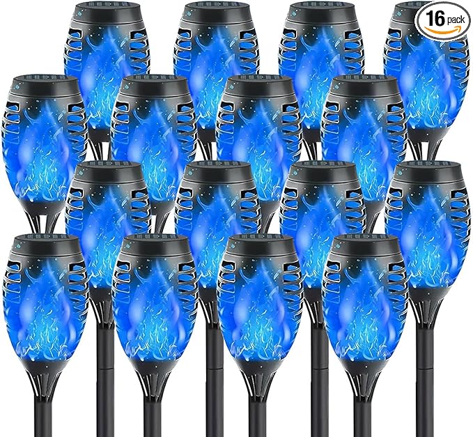 16 Pack Solar-Powered Flashlight Torches for Outdoor use, Dancing and Flickering Flame Torches for Landscape Decoration, Suitable for Paths, lawns, terraces (Blue)