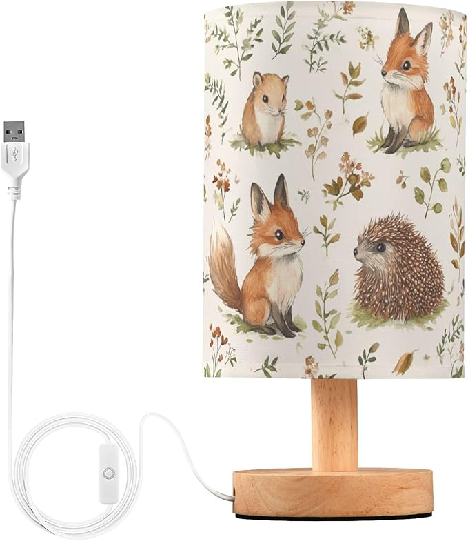 Watercolor Fox Hedgehog Woodland Floral Leaf Table Lamp with Wood Base Fabric Lamp Shade Bedside Nightstand Desk Lamp for Living Room Bedroom Kids Room Office