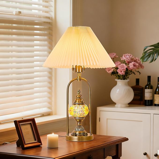 beaysyty Vintage Mosaic Table Lamp Set of 2, 25.2 Inch Decorative Bedside Lamps with Pleated Shade, USB Charging Ports, Colored Glass Globe Night Light, Bronze Gold Finish and Beige Lampshade