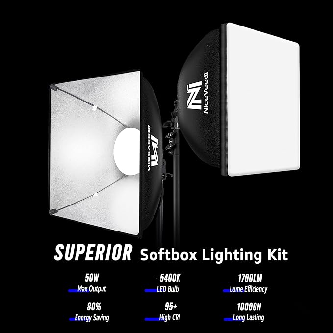 Softbox Lighting Kit, NiceVeedi 16'' x 16'' Softbox Photography Lighting Kit with 63” Tripod Stand & 5400K 450W Equivalent LED Bulb, Continuous Lighting for Photography/Video Record/Live Streaming