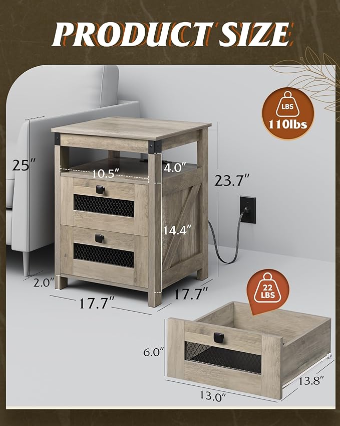 WLIVE Nightstand with Charging Station, Farmhouse End Table, Bed Side Table with 2 Storage Drawers and Open Shelf, Wood Rustic Nightstands for Bedroom, Living Room, Greige