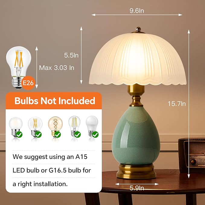Ceramic Table lamp, Modern Bedside Lamps Green Mid Century Vintage Desk Lamp Retro Glass Mushroom Traditional Lamp for Nightstand Living Room Bedroom Home Decor (S04GN-1PACK)
