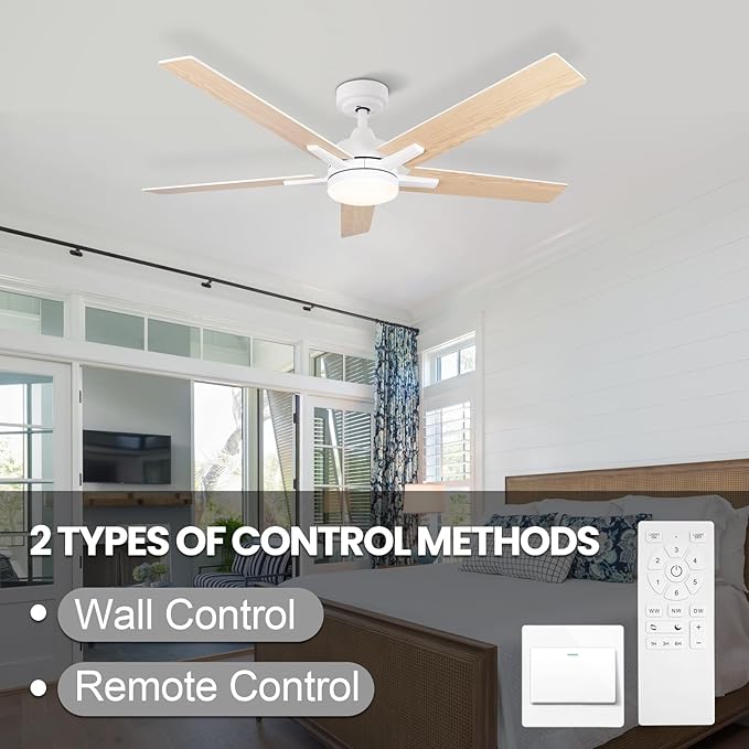 Ceiling Fans with Lights, 52 inch White Ceiling Fan with Light and Remote Control, Reversible, 3CCT, Dimmable, Noiseless, Small Ceiling Fan for Bedroom, Indoor/Outdoor Use