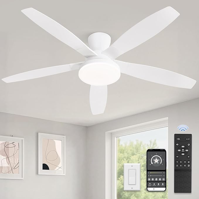 ZMISHIBO 52 inch Ceiling Fans with Lights and Remote/APP Control,White Low Profile Ceiling Fan with Light,Quiet DC Motor,LED Dimmable, Modern Flush Mount Ceiling Fan for Bedroom Indoor/Outdoor Patio