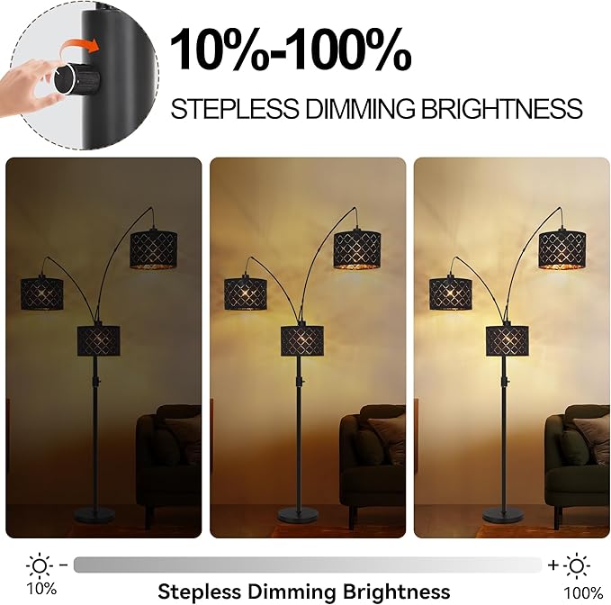 Dimmable Floor Lamp-3 Lights Arc Floor Lamps for Living Room,Modern Tall Standing Lamp with Black Drum Shades,Gothic Mid Century Tree Floor Lamp for Bedroom Corner,3x1000LM LED Bulbs Included