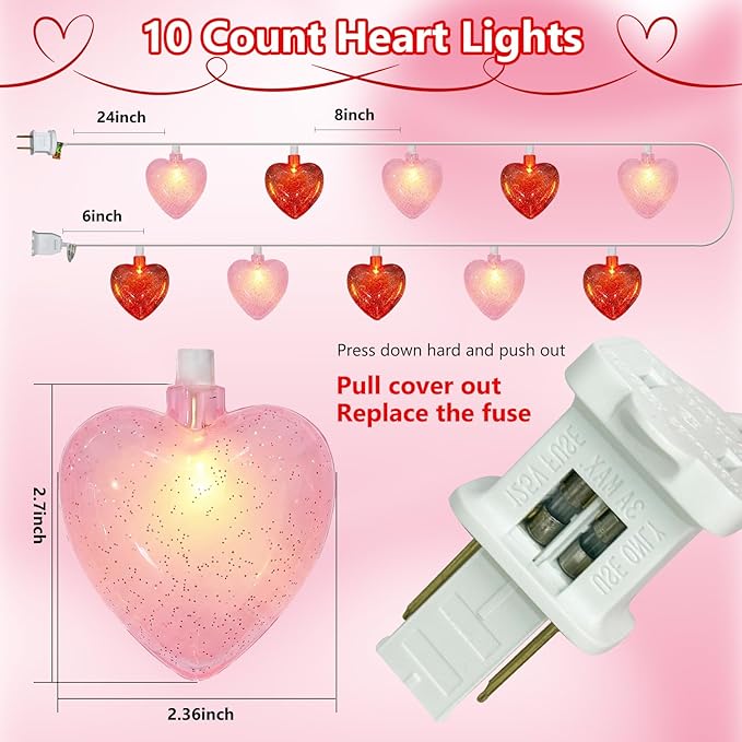 Heart String Lights Plug in, 8.5FT Valentine Lights Indoor & Outdoor, Red Pink Heart Shaped String Lights with 14 LEDs, UL Listed, IP44 Waterproof for Valentine’s Day Decor