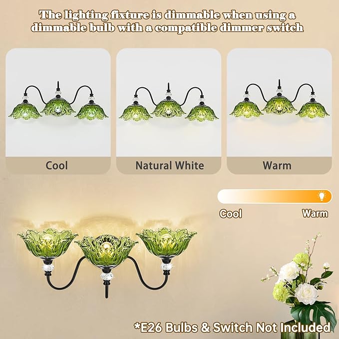 Black Bathroom Vanity Light,3-Light Vanity Light with Floral Green Glass Shades,Vintage Farmhouse Wall Mount Lighting for Bathroom, Dressing Table