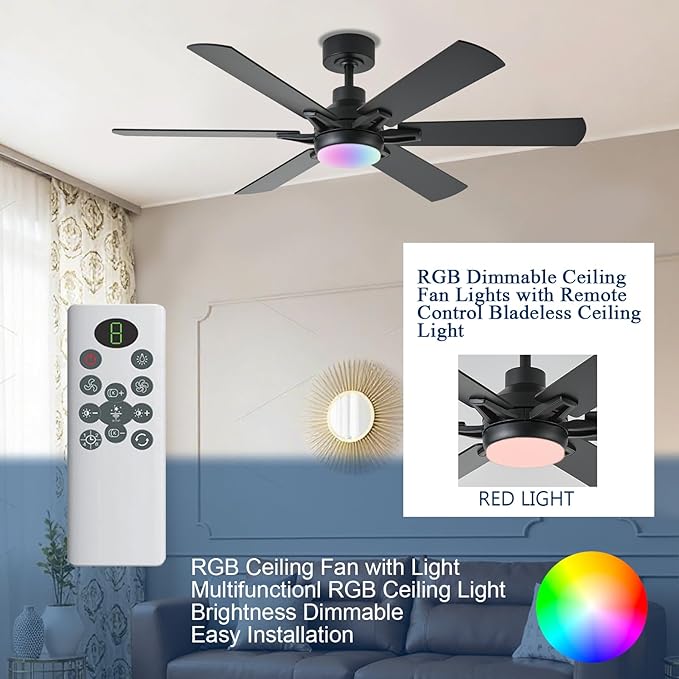 52in Ceiling Fans with Lights RGB Ceiling Fan with Light and Remote/APP Control,Low Profile Ceiling Fans with Lights for Bedroom,Living Room,Kids Room,3CCT Dimmable Modern Ceiling Fan, 6 Speeds,black