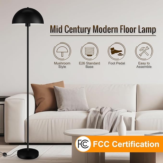 Modern Floor Lamps for Living Room, Black Metal Mushroom Lamp, 66" Tall Corner Lamp, Footswitch, Bright Industrial Standing Lamps for Bedroom Nursery, Mid Century Modern Home Decor(E26 Base, NO BULB)