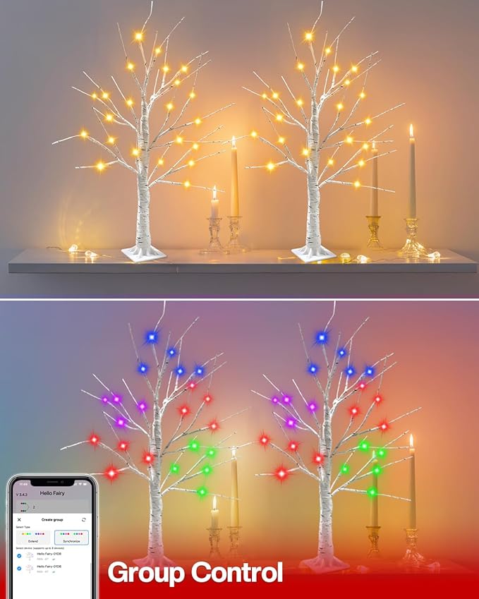 Easter Decorations - Smart RGB Birch Tree 2 Pack, 2FT App Remote Control Color Changing Lighted Spirit Tree, Music Sync Timer LED Fairy Light for Home Indoor Tabletop Centerpiece