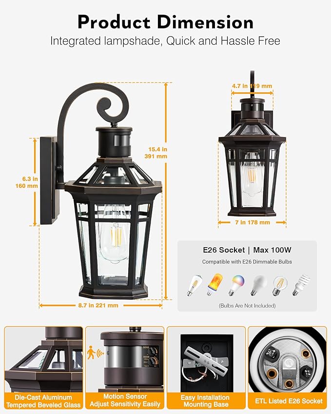 Motion Sensor Porch Lights Outdoor Wall Mount, Oil Rubbed Bronze Exterior Wall Sconce Lantern with E26 Socket, Waterproof Dusk to Dawn Outdoor Lighting Fixtures, Coach Lights for Garage, Patio