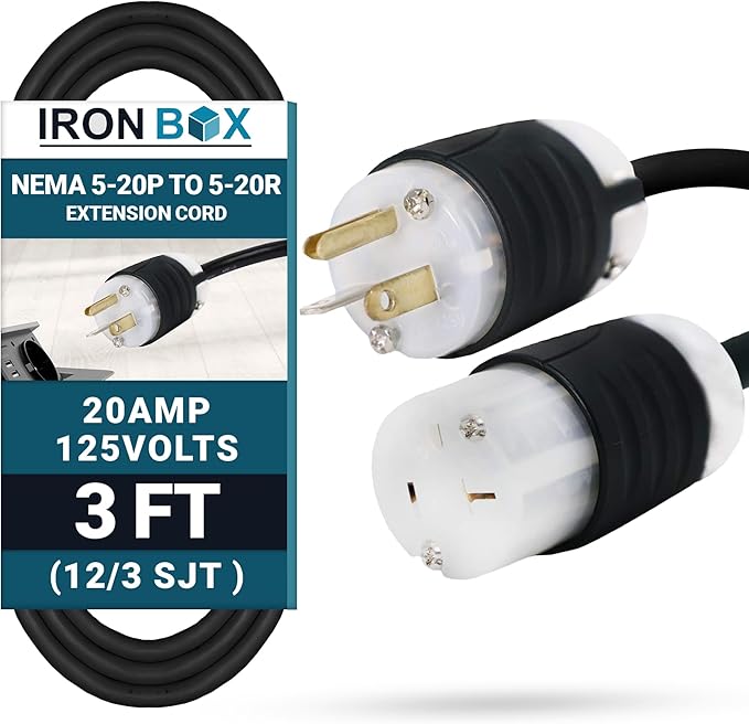 IronBox Electric NEMA 5-20P to 5-20R Extension Cord - 20A, 125V, 12/3 SJT - Heavy Duty Outdoor Generator Cords & Plugs - UL Listed Extension Cable for Data Centers, Camper & More (3 ft, Custom Built)