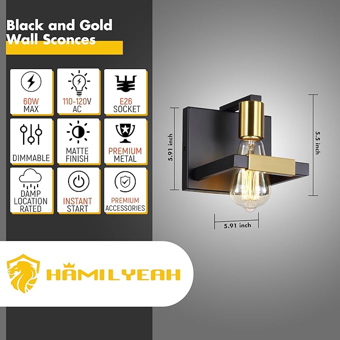 Hamilyeah Black Wall Sconces, Industrial Sconces Wall Lighting Fixtures Matte Black and Gold, Indoor Hardwired Wall Sconces for Bathroom Bedroom Living Room Kitchen Set of Two UL Listed