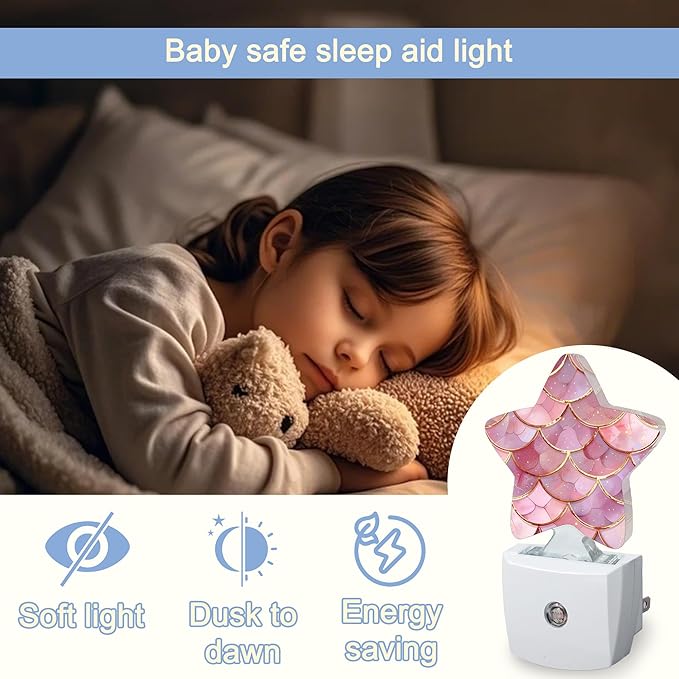 Pink Mermaid Night Light,Fish Scales Marble Plug-in Star Night Lights with Dusk-to-Dawn Sensor for Bedroom,Bathroom,Living Room Sleep Friendly Lamp for Women Girls Boys Gift,0.5W