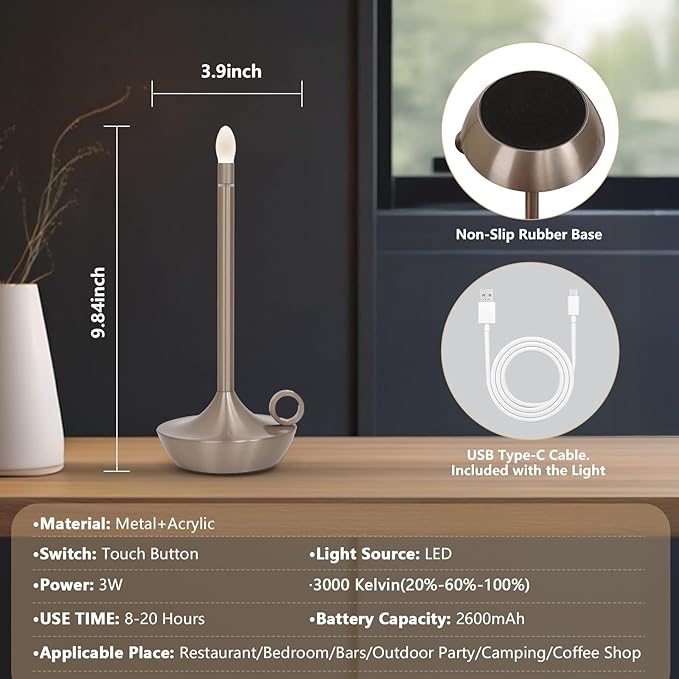 ModernPortable Table Lamp CordlessLED Desk Lamps, 3 Colors Stepless Dimming Rechargeable Battery Operated Lighting for Bedroom Dining Room Restaurant Coffee Shop Camping Night Light (Silver)