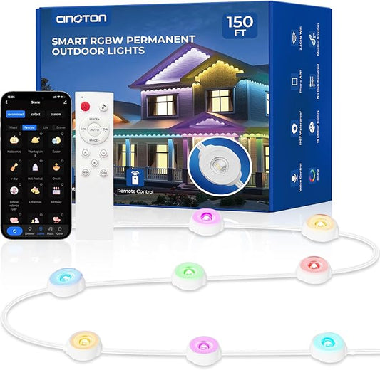 CINOTON Permanent Outdoor Lights 150ft, Smart RGBW+IC Eaves Lights with 90LEDs, IP67 Waterproof, 111 Scene Modes for Daily and Festival, Halloween Christmas Holiday Decor, APP/Voice/Remote Control
