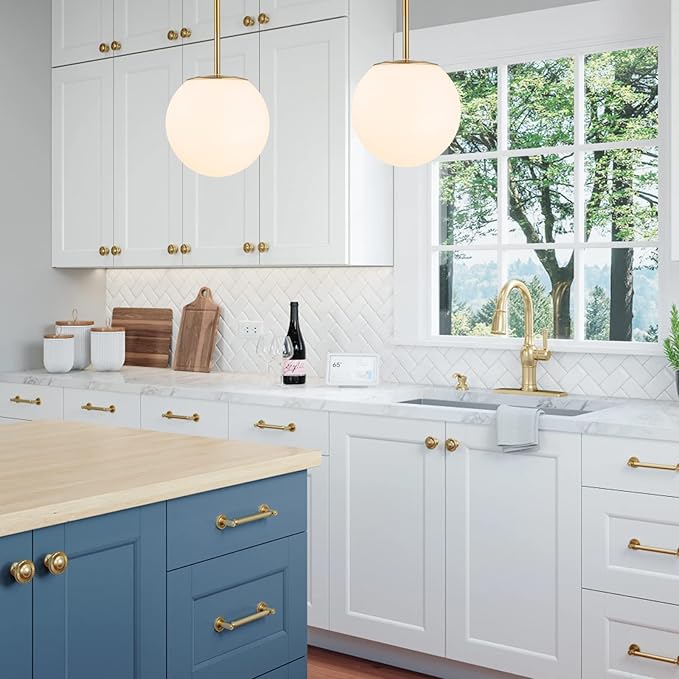 Modern Globe Pendant Light Mid Century Opal Glass Hanging Light Fixture Gold Finish, 2-Light Glass Pendant Lighting for Kitchen Island Dining Room Bedroom Hallway and Bathroom