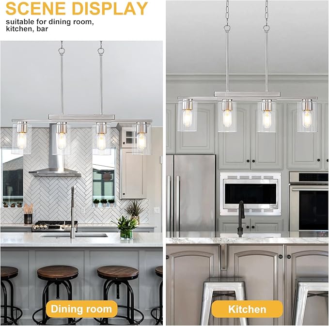 WILON Kitchen Island Lighting, 4 Lights Nickel Sand Linear Chandeliers Modern Farmhouse Chandelier with Glass Shades for Kitchen Island Living Dining Room Foyer Bedroom(Brushed Nickel,4 Lights)