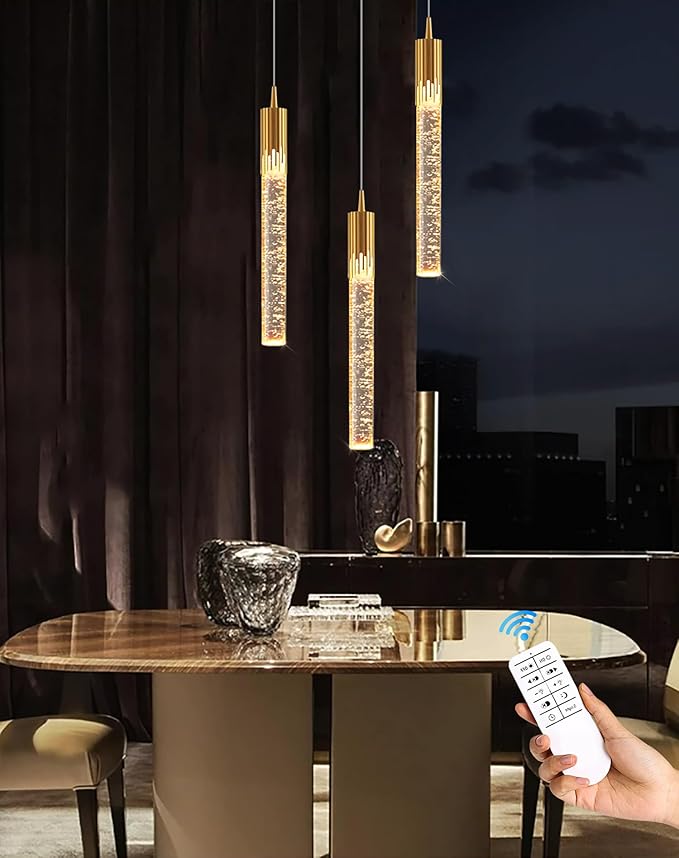 Flashing God Mini Gold Crystal Chandelier Integrated LED Pendant Light for Kitchen Island 3 Light Chandeliers Pendant Lighting with Remote Control