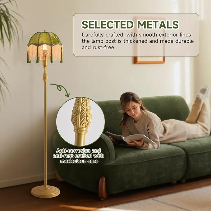 WEILASA Retro Tassel Floor lamp with Adjustable Light Simple Upright Metal Base LED Night lamp for Room 13”Wide, 62.7”High