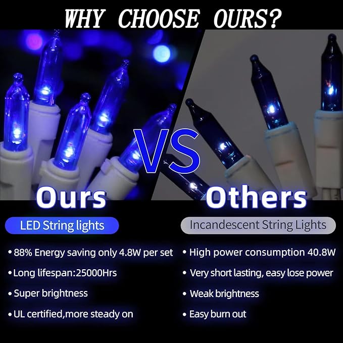 LAMPHOME Connectable 100 LED Blue Christmas Lights White Wire, Blue Christmas Tree Lights Indoor Outdoor Plug in, 21.6ft Fairy Hanukkah String Lights for Xmas, Party, Garden
