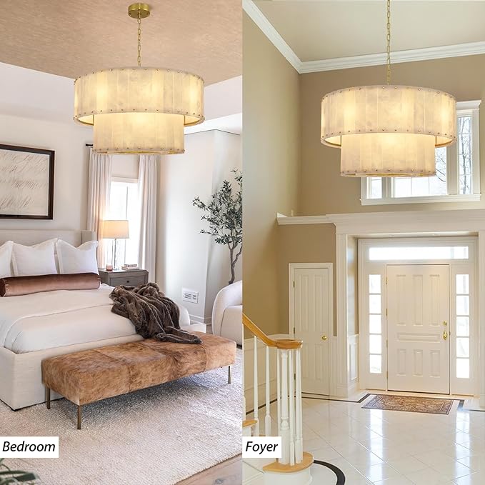 Alabaster Chandelier D32in Spanish Natural Marble Round Chandeliers, 2 Tiers Alabaster Pendant Light,Modern Living Room Chandelier, Dimmable Gold Chandeliers for Dining Room,Bedroom,Bathroom,Entryway