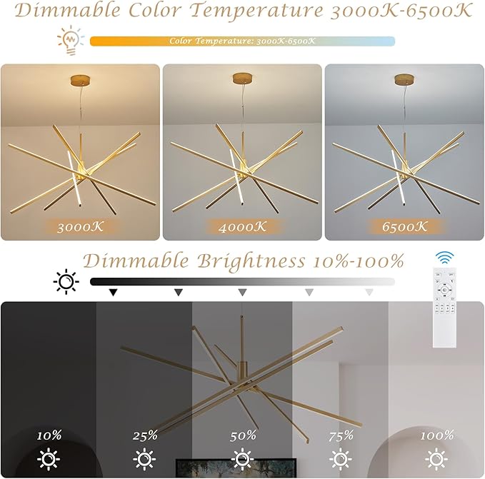 Gold Chandelier 47” Big High Ceiling Chandeliers Big Modern Remote Control Chandelier for Large Living Room Dining Room Foyer