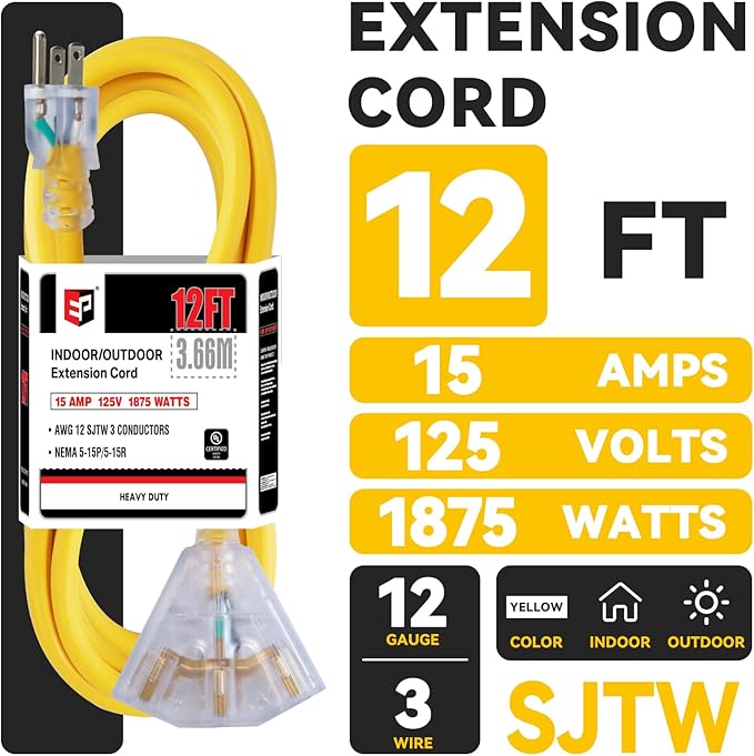 EP 12 Ft 12 Gauge Heavy Duty Extension Cord, 15A 125V 1875W, 3 Outlet Indoor/Outdoor Power Cord with Lighted End, 12/3 SJTW Weatherproof Yellow, UL Listed