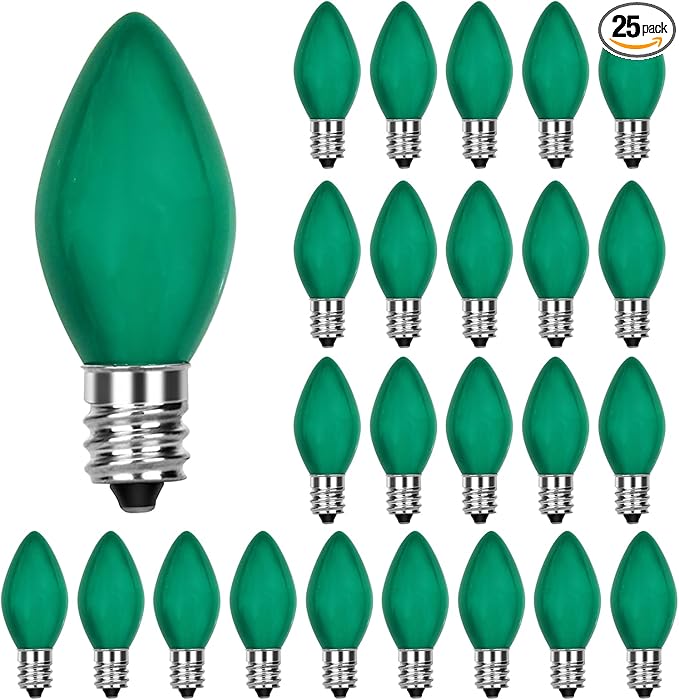 25 Pack C7 Green Christmas Replacement Light Bulbs, C7 Vintage Multicolor Ceramic Bulbs for Christmas Outdoor Indoor String Lights, E12 Candelabra Base-Green