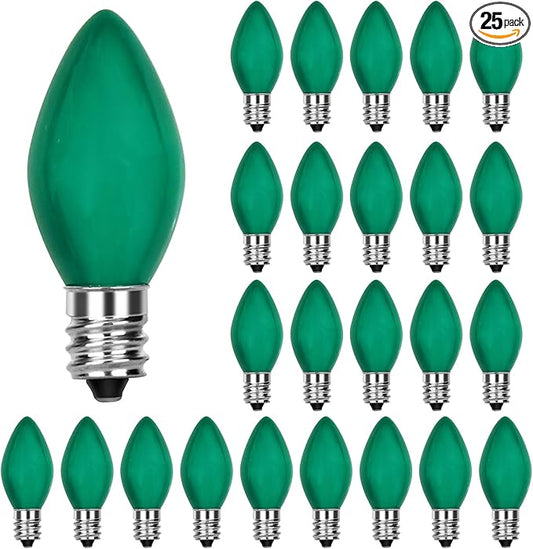 25 Pack C7 Green Christmas Replacement Light Bulbs, C7 Vintage Multicolor Ceramic Bulbs for Christmas Outdoor Indoor String Lights, E12 Candelabra Base-Green