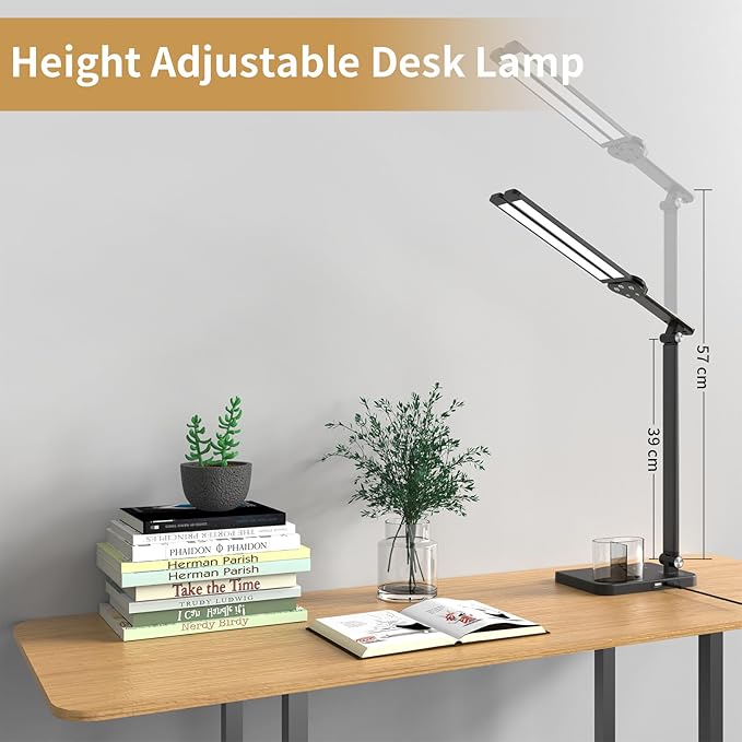 LED Desk Lamp, Dual Heads, Height Adjustable, USB Charging Port, 5 Light Modes & Dimmable Brightness, Bedside Lamp for Reading, Craft, Work, Study (Black, 15W)